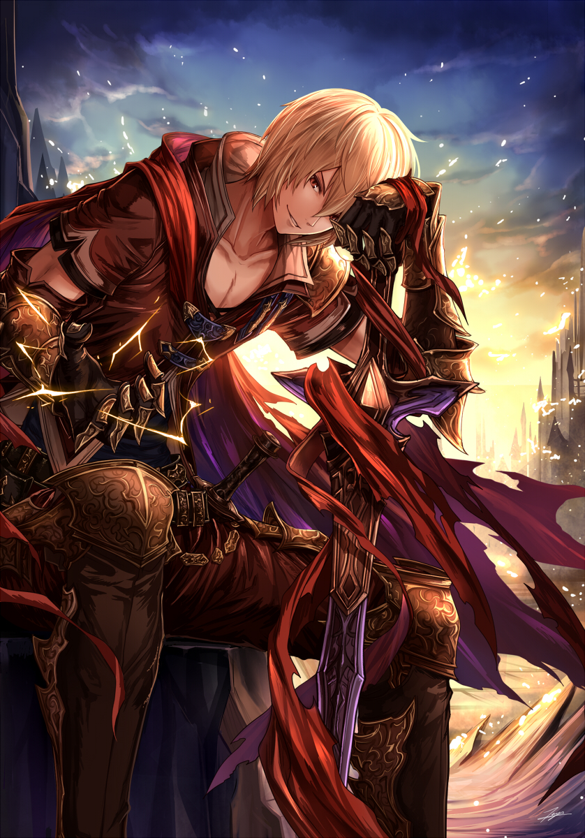 1boy, albert_(shingeki_no_bahamut), armor, black_gloves, blonde_hair, building, cape, clouds