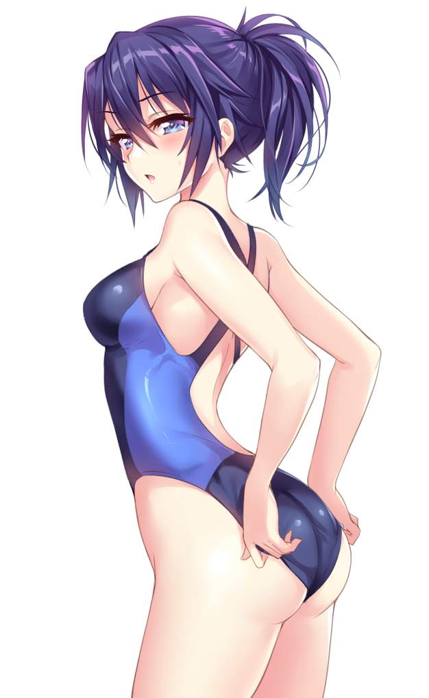 1girl, :o, adjusting_clothes, adjusting_swimsuit, ass, back_opening, bare_arms, bare_shoulders