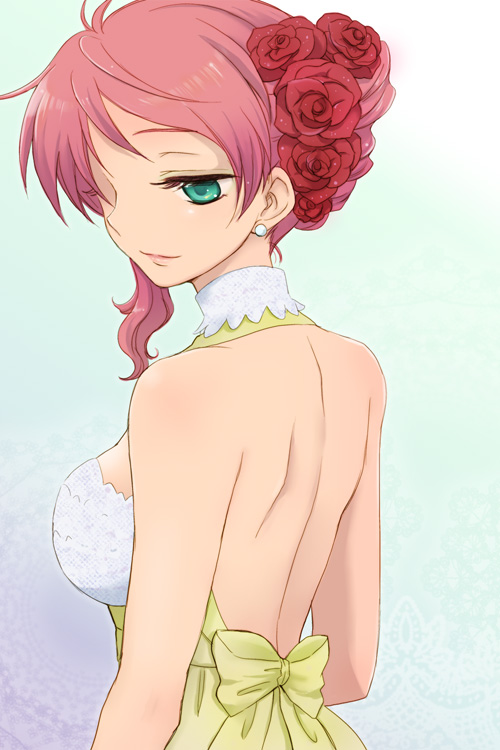 arch_(artist), back, bare_shoulders, breasts, dress, earrings, eyelash, eyelashes, eyeshadow, feldt_grace, flower, formal, green_eyes, gundam, gundam_00, hair_bun, hair_flower, hair_ornament, halter_top, halterneck, jewelry, lace, lipstick, pink_hair, plum_(arch), ribbon, rose, sideboob, smile, solo
