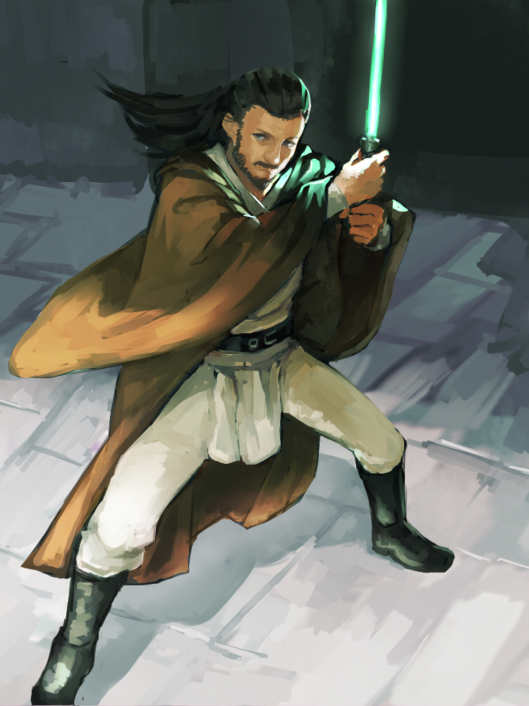 1boy, beard, belt, boots, energy_sword, facial_hair, hallway, jedi