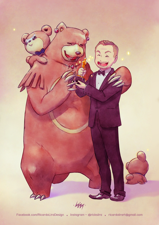 1boy, academy_award_of_merit, black_hair, bow, bowtie, closed_eyes, facial_hair, jewelry, leonardo_dicaprio, pokemon, pokemon_(creature), ricardo_lira, short_hair, smile, teddiursa, ursaring
