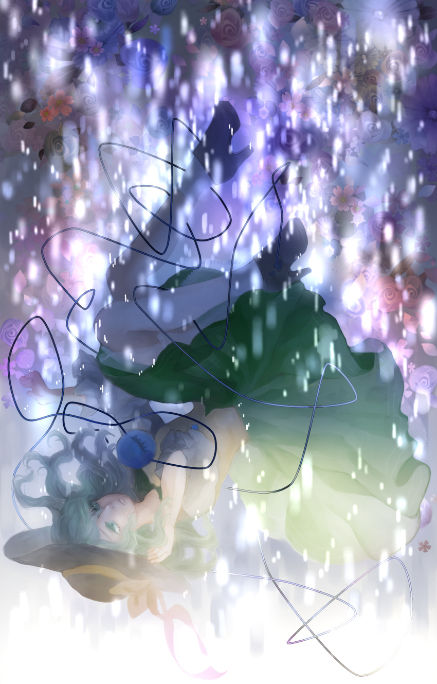 1girl, eyeball, floral_background, flower, full_body, green_eyes, green_hair, hat