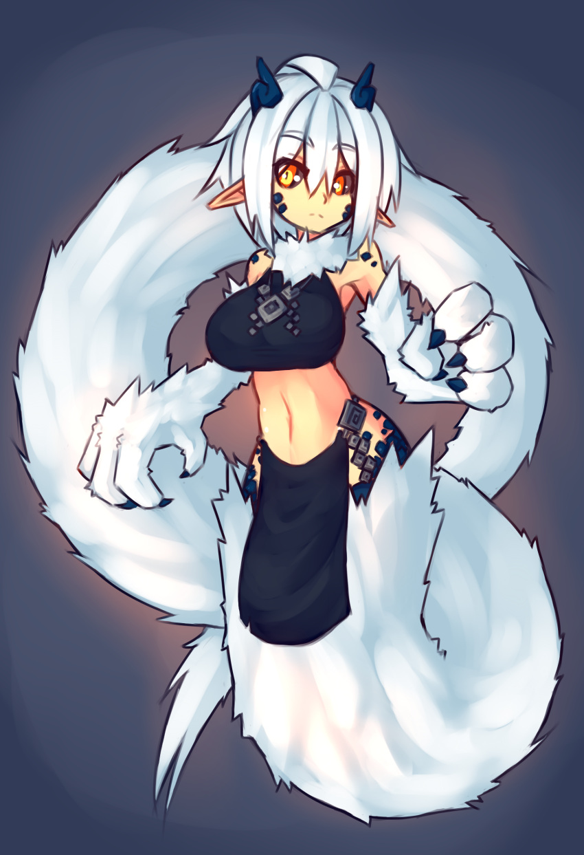 1girl, bare_shoulders, black_sclera, breasts, claws, eyebrows, eyebrows_visible_through_hair, fur
