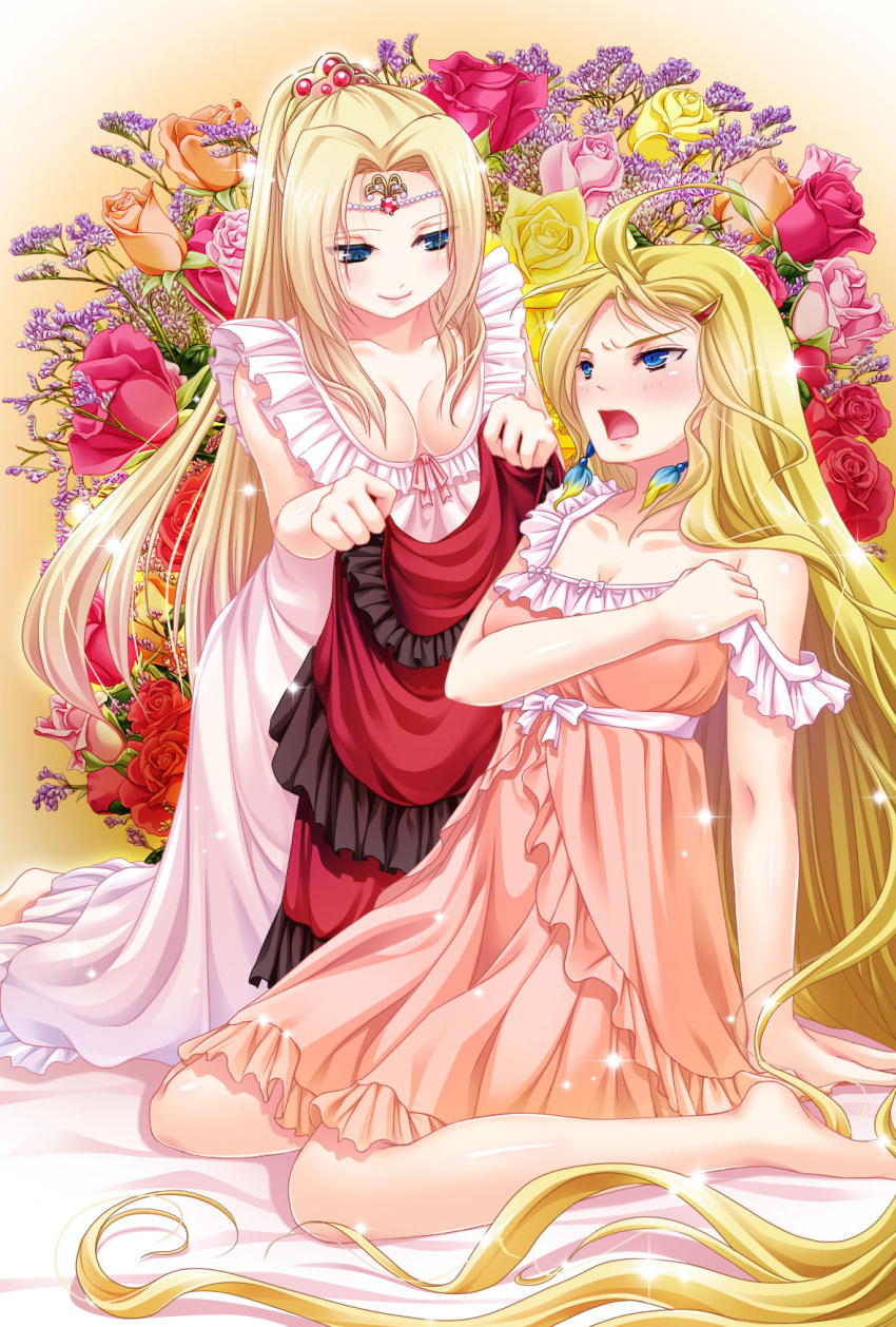 2girls, :o, ahoge, bangs, barbariccia, blonde_hair, blue_eyes, breasts