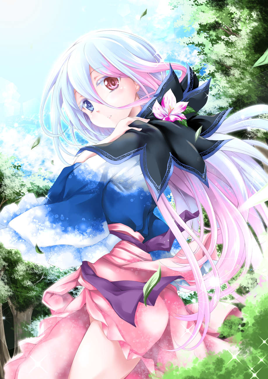 1girl, blue_eyes, blue_shirt, colored_eyelashes, cowboy_shot, dress, flower, flower_knight_girl