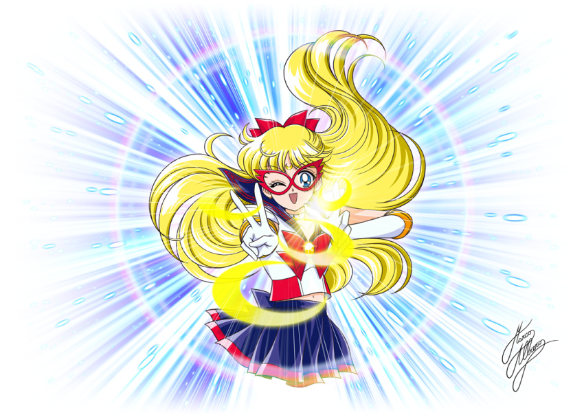 1girl, aino_minako, bishoujo_senshi_sailor_moon, blonde_hair, blue_background, blue_eyes, blue_skirt, bow