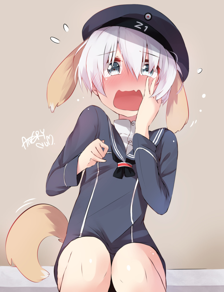 1girl, angry_num, animal_ears, artist_name, blue_eyes, blush, clothes_writing, dog_ears