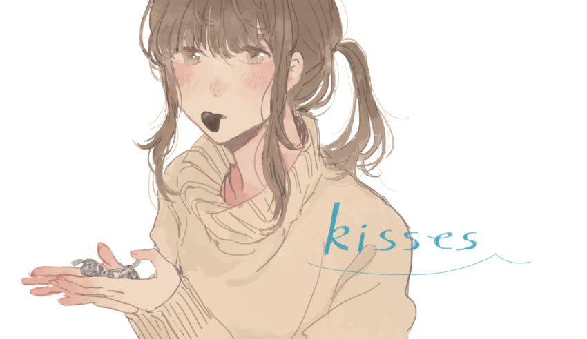 1girl, blush, brown_eyes, brown_hair, candy, chocolate, food_in_mouth, hershey's_kisses