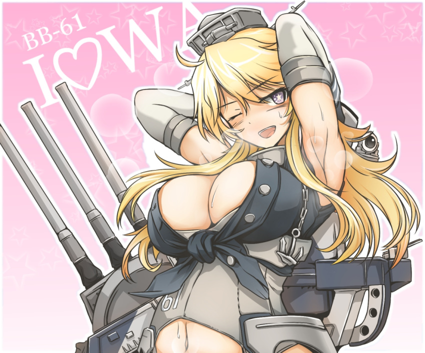 1girl, ;d, armpits, blonde_hair, breasts, cannon, character_name, cleavage, clothes_writing, commentary_request, detached_sleeves, gradient, gradient_background, heart, iowa_(kantai_collection), kantai_collection, large_breasts, long_hair, looking_at_viewer, oku_tamatarou, one_eye_closed, open_mouth, pink_background, revision, smile, solo, star, star-shaped_pupils, symbol-shaped_pupils, turret, upper_body