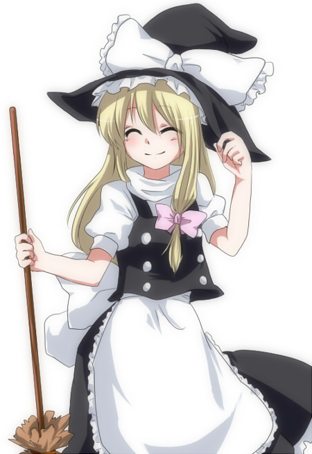 blonde_hair, broom, closed_eyes, hat, kirisame_marisa, marimozuku, ribbon, smile, touhou, witch_hat