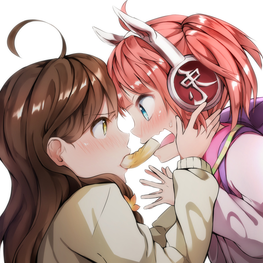2girls, absurdres, ahoge, blue_eyes, blush, brown_eyes, brown_hair, bunny_headphones