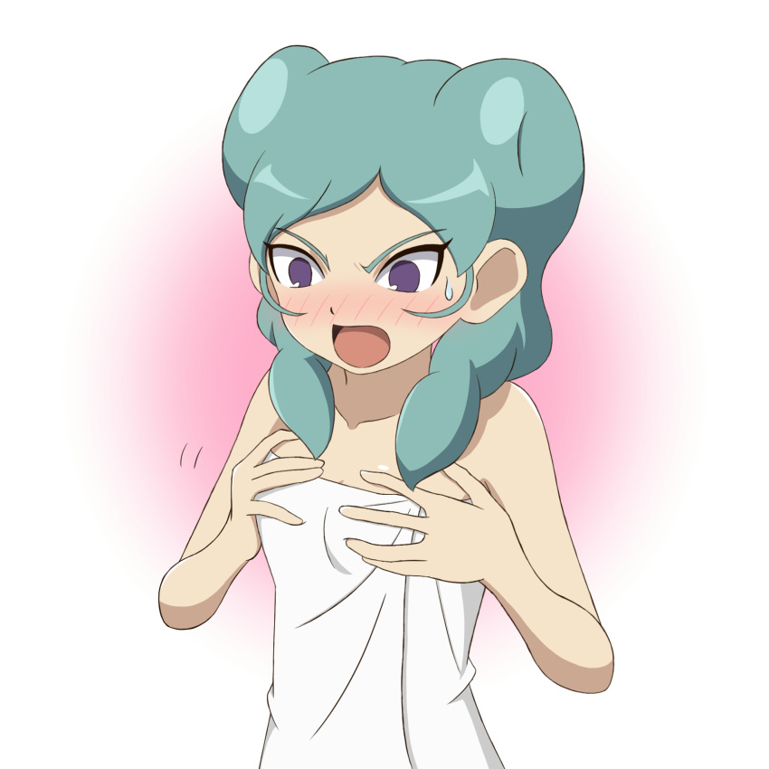 1girl, aqua_hair, beta_(inazuma_eleven), blush, breasts, flat_color, hands_on_own_chest, highres