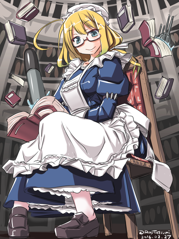 aa_gun, adapted_costume, alternate_costume, apron, blonde_hair, blue_dress, blue_eyes, book