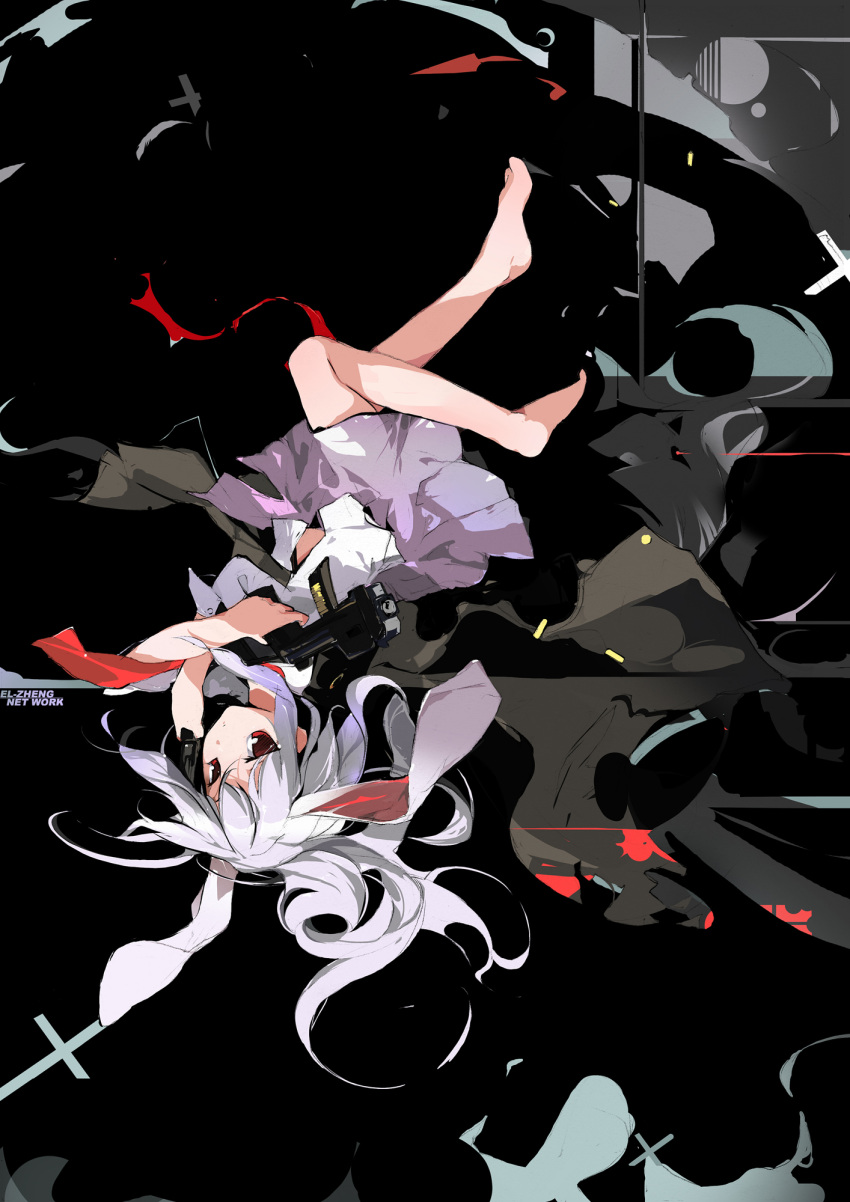 akimbo, barefoot, blazer, bullet, bunny_ears, cross, dual_wielding, el-zheng, feet, firing, gun, gunfire, highres, lavender_hair, long_hair, necktie, rabbit_ears, red_eyes, reisen_udongein_inaba, skirt, solo, submachine_gun, touhou, upside-down, weapon, white_hair