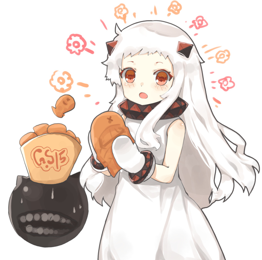 1girl, blush, dress, enemy_aircraft_(kantai_collection), food, highres, horns, imyu
