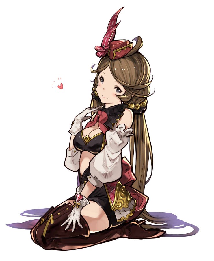 bare_shoulders, boots, breasts, brown_hair, cleavage, gloves, granblue_fantasy, hanarito, harie_(granblue_fantasy), hat, kneeling, thigh-highs, thigh_boots
