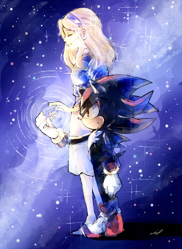 1boy, 1girl, aimf, blonde_hair, closed_eyes, gloves, hairband, height_difference