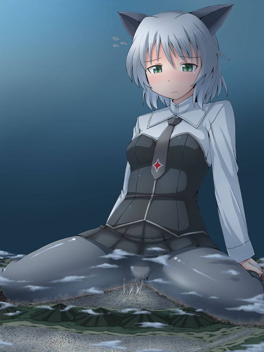 1girl, absurdres, animal_ears, black_legwear, cat_ears, city, giantess, green_eyes
