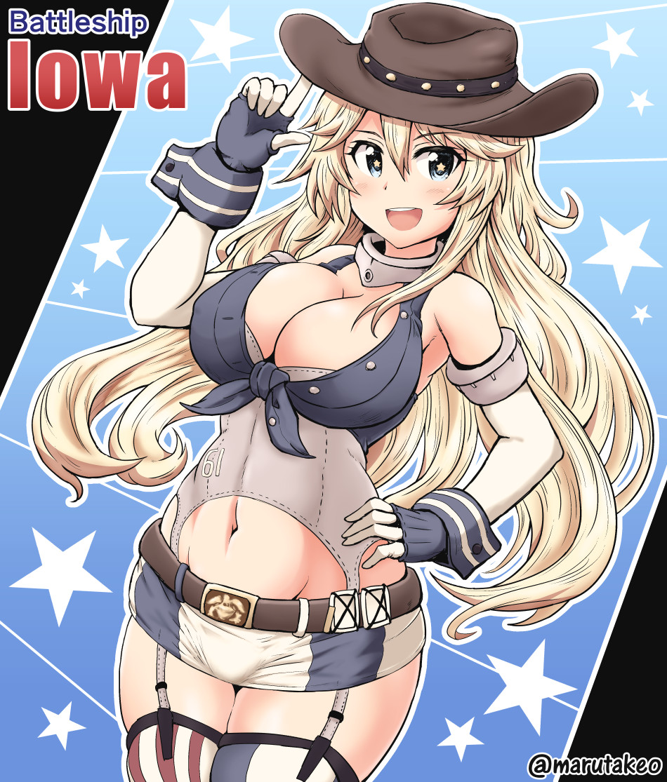 1girl, american_flag_legwear, asymmetrical_legwear, blonde_hair, blue_eyes, breasts, cleavage, cowboy_hat