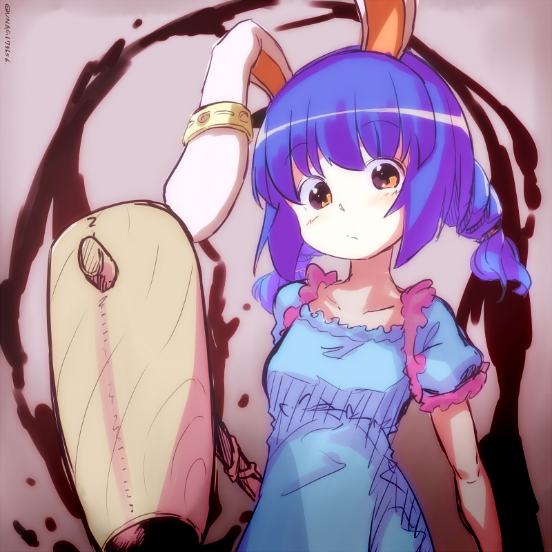 1girl, animal_ears, blue_dress, blue_hair, braid, commentary_request, dress, ear_ornament, kine, long_hair, puffy_short_sleeves, puffy_sleeves, rabbit_ears, red_eyes, seiran_(touhou), short_sleeves, solo, suama_unagi, touhou