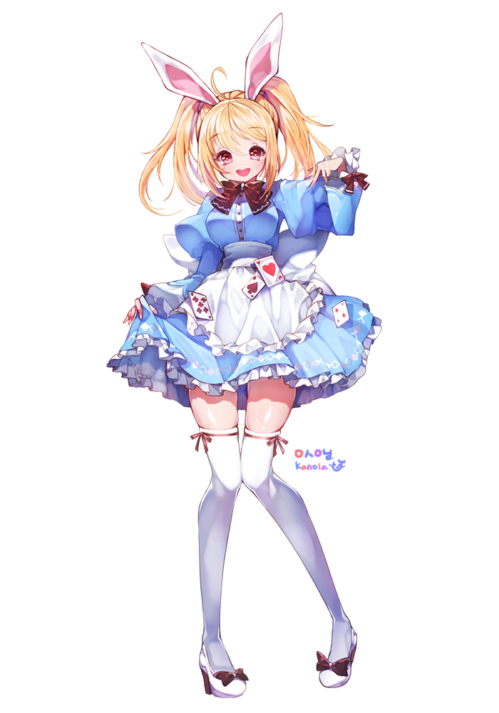 1girl, :d, animal_ears, apron, blonde_hair, blue_dress, card, commentary_request