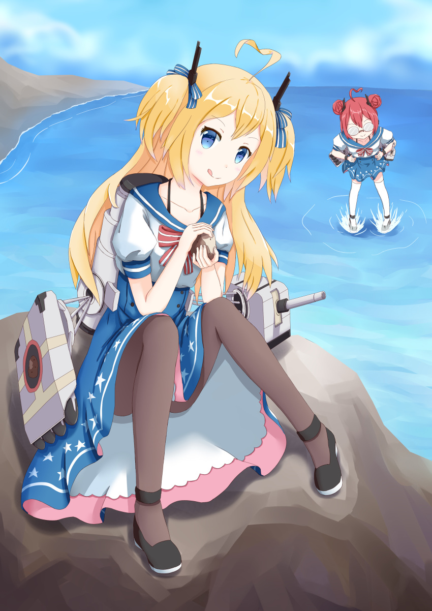 2girls, absurdres, afloat, black_legwear, blue_skirt, blush, cliff, head_tilt, highres, knees_up, long_hair, looking_at_viewer, multiple_girls, o'bannon_(zhan_jian_shao_nyu), ocean, outdoors, pantyhose, rock, sailor_collar, school_uniform, serafuku, shirt, shore, short_sleeves, sitting, skirt, splashing, water, white_shirt, william_d_porter_(zhan_jian_shao_nyu), zhan_jian_shao_nyu