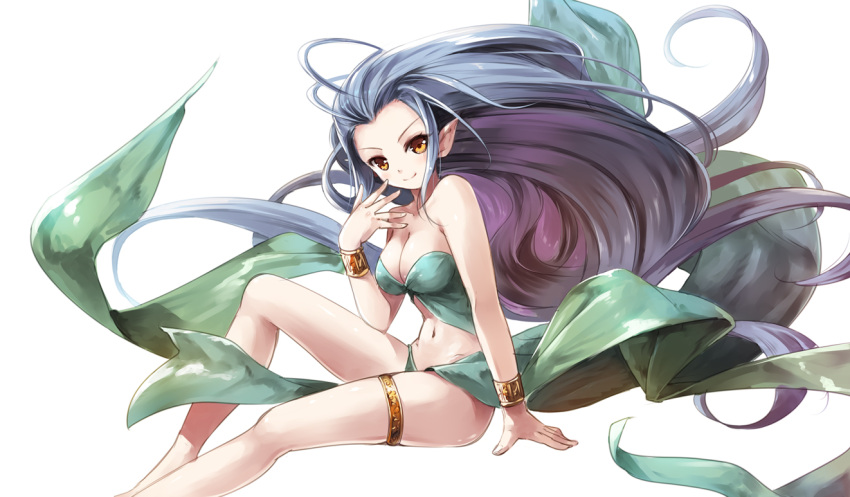 >:), 1girl, bare_arms, bare_legs, bare_shoulders, blush, bracer, breasts