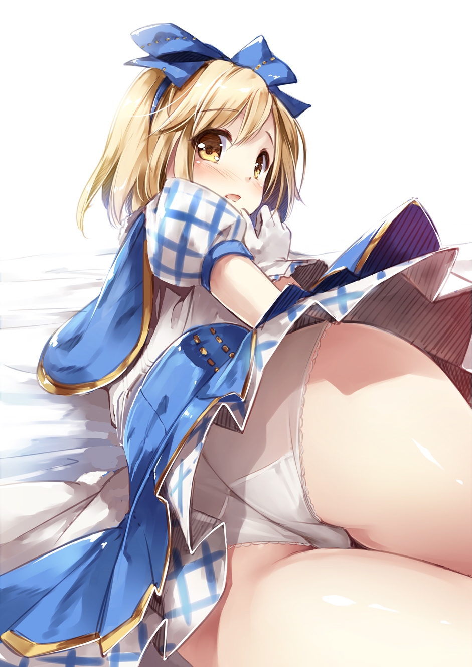 1girl, :o, ass, blonde_hair, blue_eyes, blue_ribbon, djeeta_(granblue_fantasy), from_behind