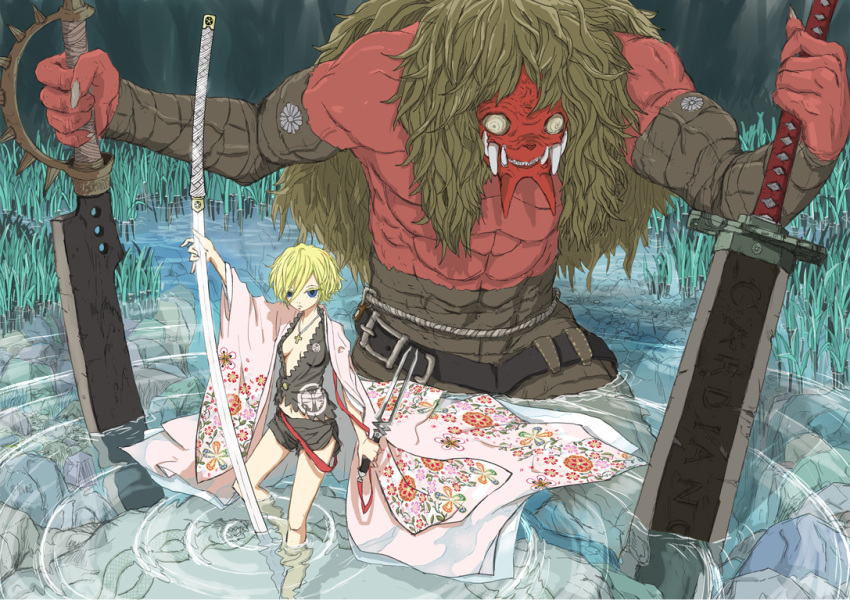 arakawa_(aintnoroom), blade_chronicle, blonde_hair, bridgesignal, demon, huge_weapon, japanese_clothes, katana, kimono, monster, red_skin, short_hair, sword, wading, water, weapon