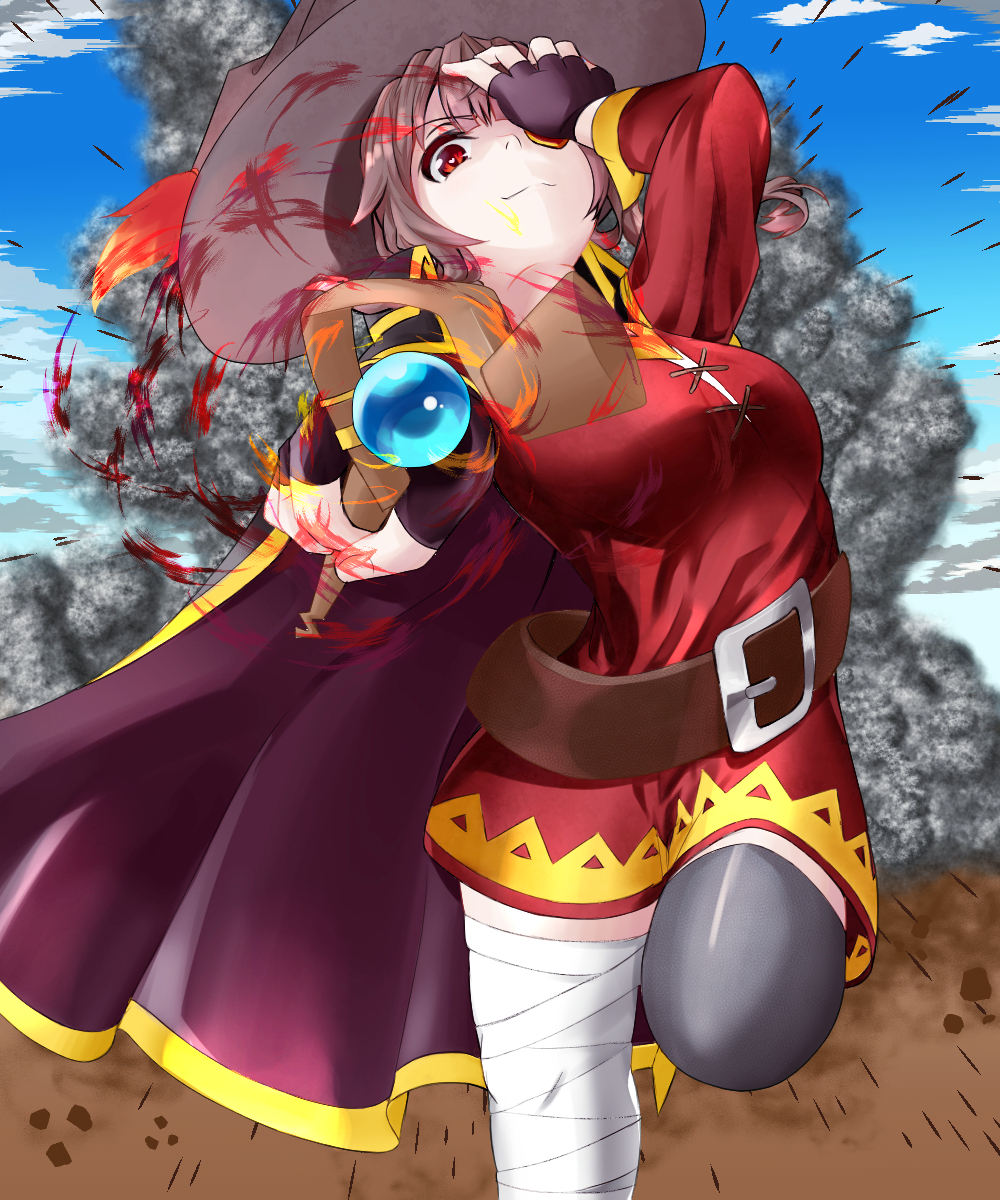 1girl, belt, black_legwear, blue_sky, brown_hair, cape, clouds, covering_face, dress, fingerless_gloves, fire, gloves, ground, hand_over_eye, hat, highres, kono_subarashii_sekai_ni_shukufuku_wo!, looking_at_viewer, magic, megumin, pointing, pointing_at_viewer, red_dress, red_eyes, short_hair, simejing, sky, smoke, solo, staff, thigh-highs, witch_hat