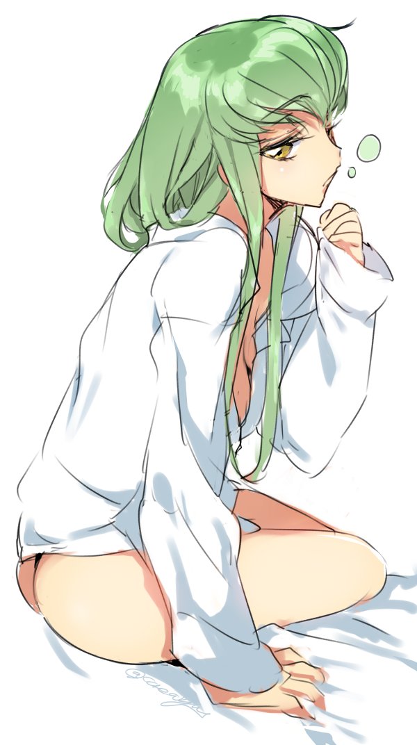 1girl, artist_name, ass, bare_legs, bed_sheet, black_panties, blush, c.c.