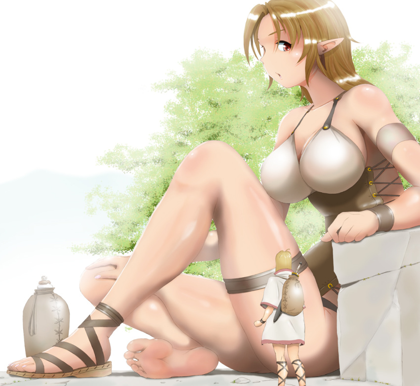 1girl, ankle_lace-up, bare_shoulders, barefoot, breasts, brown_hair, cross-laced_footwear, elf