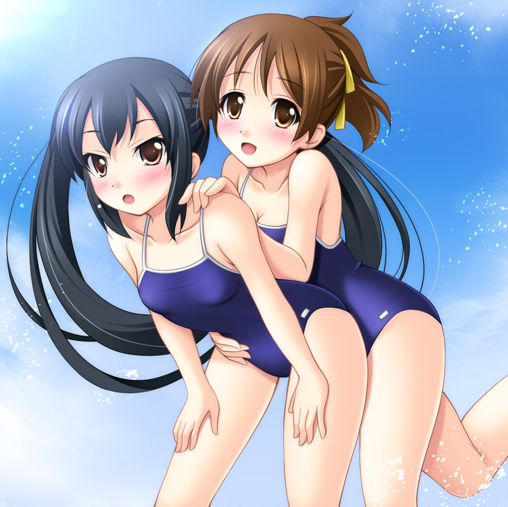 2girls, :o, bent_over, black_hair, blush, breasts, brown_eyes, cleavage
