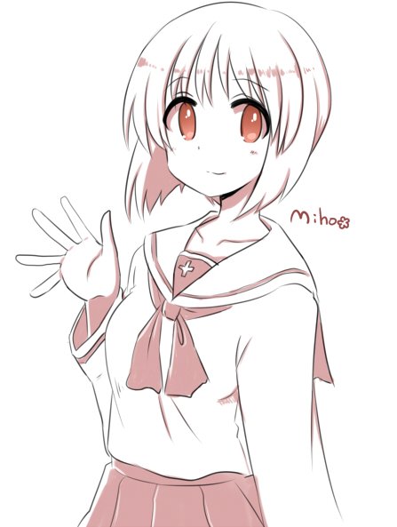 1girl, girls_und_panzer, hands_up, looking_at_viewer, mikaze, monochrome, nishizumi_miho, palms