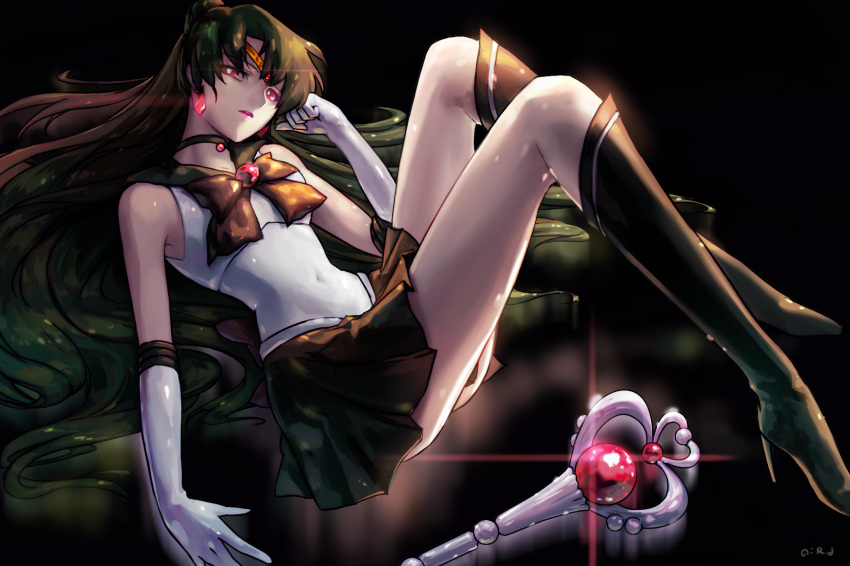 bishoujo_senshi_sailor_moon, boots, brooch, choker, circlet, clenched_hand, earrings, elbow_gloves, gloves, green_boots, green_hair, hair_bun, head_rest, high_heel_boots, high_heels, highres, jewelry, knee_boots, lipstick, long_hair, makeup, meiou_setsuna, miniskirt, navel, ponytail, red_eyes, red_lipstick, ribbon, rugiadian, sailor_pluto, shiny, shiny_skin, skirt, staff, white_gloves