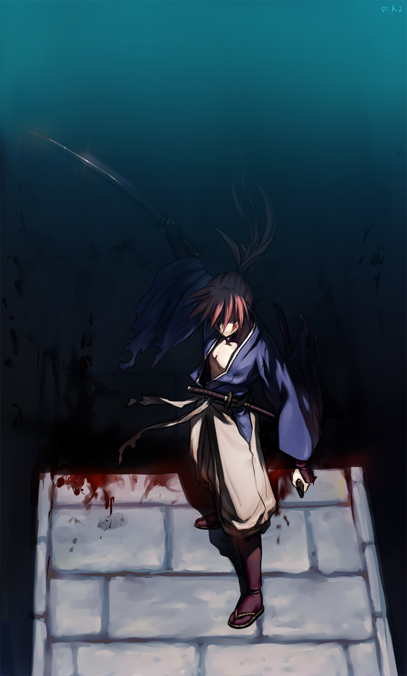 1boy, blood, bridge, from_above, full_body, highres, himura_kenshin, japanese_clothes