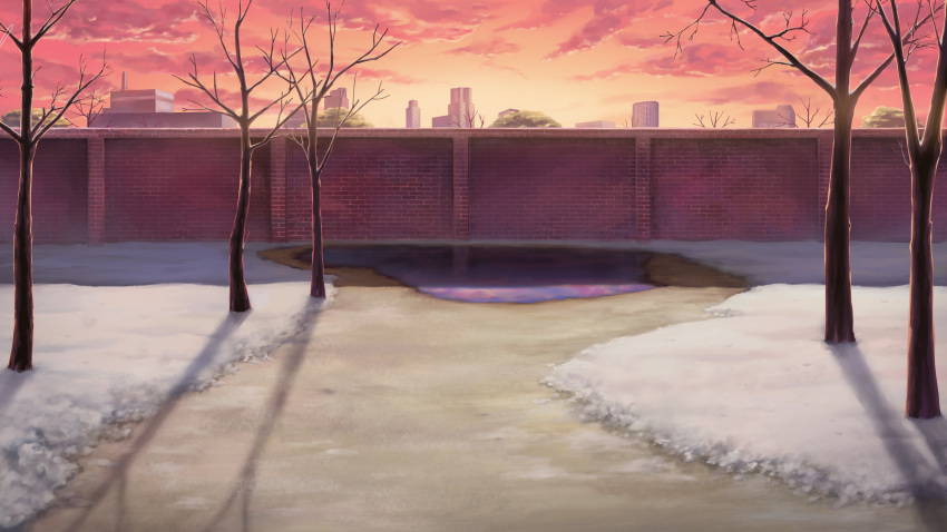 absurdres, bare_tree, brick_wall, building, clouds, highres, no_humans, orange_sky, original, outdoors, puddle, rugiadian, scenery, shadow, sky, skyline, skyscraper, snow, sunset, tree, wall, wallpaper, winter