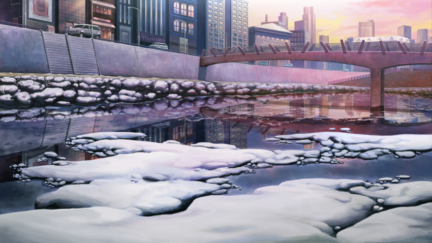 absurdres, bridge, building, car, city, highres, ice, lamppost, motor_vehicle, no_humans, original, outdoors, railing, reflection, retaining_wall, river, rugiadian, scenery, sky, skyscraper, stairs, storefront, sunset, van, vehicle, wallpaper, winter