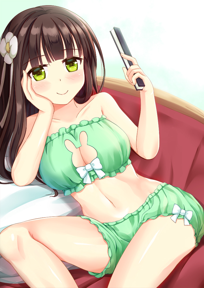 1girl, animal_cutout, bandeau, bra, breasts, brown_hair, cat_lingerie, cleavage