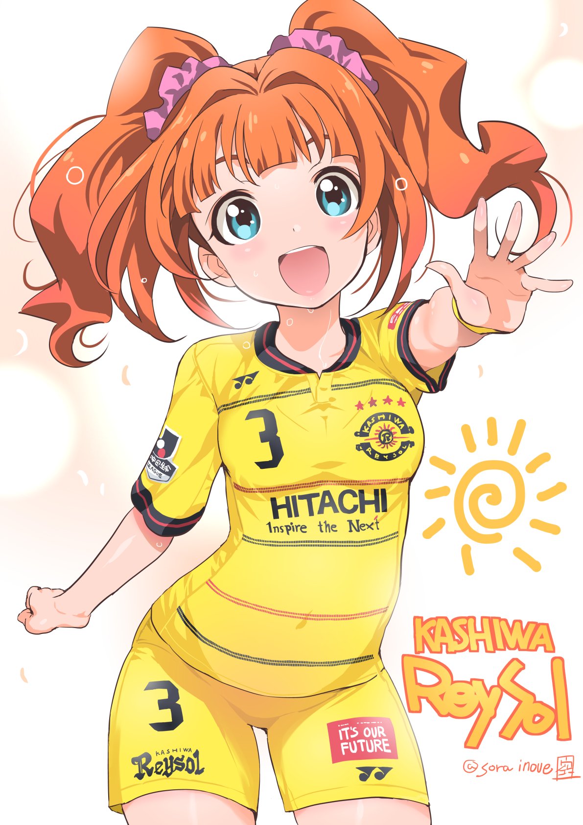1girl, blue_eyes, blush, brown_hair, flying_sweatdrops, highres, idolmaster, inoue_sora