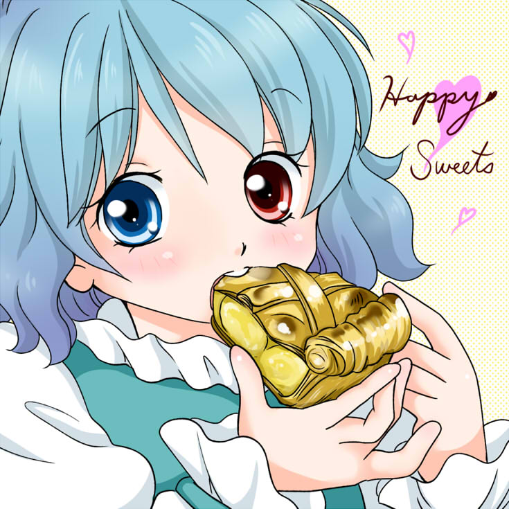 1girl, apple_pie, blue_eyes, blush, eating, food_in_mouth, heart, heterochromia
