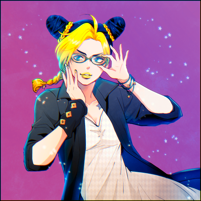 1girl, black_border, blonde_hair, blue_eyes, blue_hair, border, bracelet, braid, breasts, cleavage, double_bun, dress, glasses, gradient, gradient_background, jacket, jewelry, jojo_no_kimyou_na_bouken, kuujou_jolyne, lipstick, makeup, multicolored_hair, single_braid, solo, star, star_tattoo, tattoo, two-tone_hair, white_dress, wristband, yellow_lipstick, yokozawa_(pyu-tohuku)