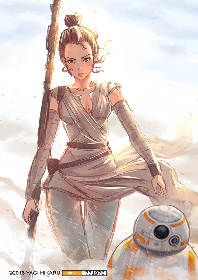 1girl, arm_wrap, artist_name, bb-8, blush, brown_eyes, brown_hair, eyebrows, forehead, jakku_(star_wars), making_of, rey_(star_wars), robot, science_fiction, small_breasts, solo, staff, star_wars, star_wars:_the_force_awakens, topknot, walking, wind, yagi_hikaru