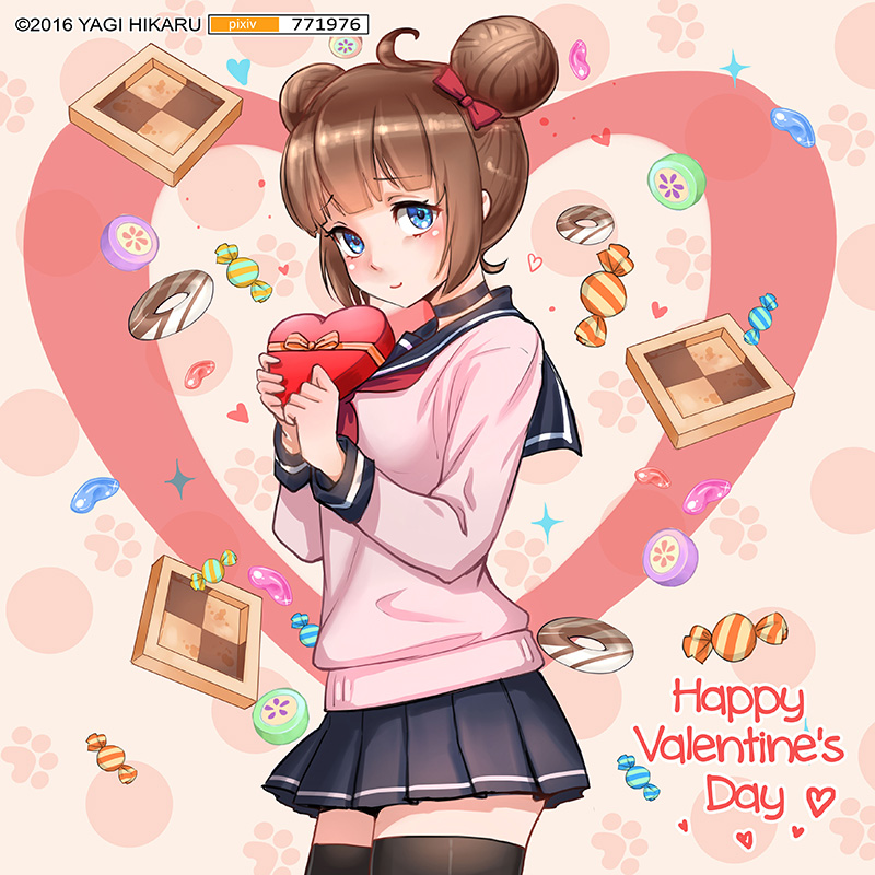1girl, ahoge, artist_name, black_legwear, blue_eyes, blush, bow, brown_hair