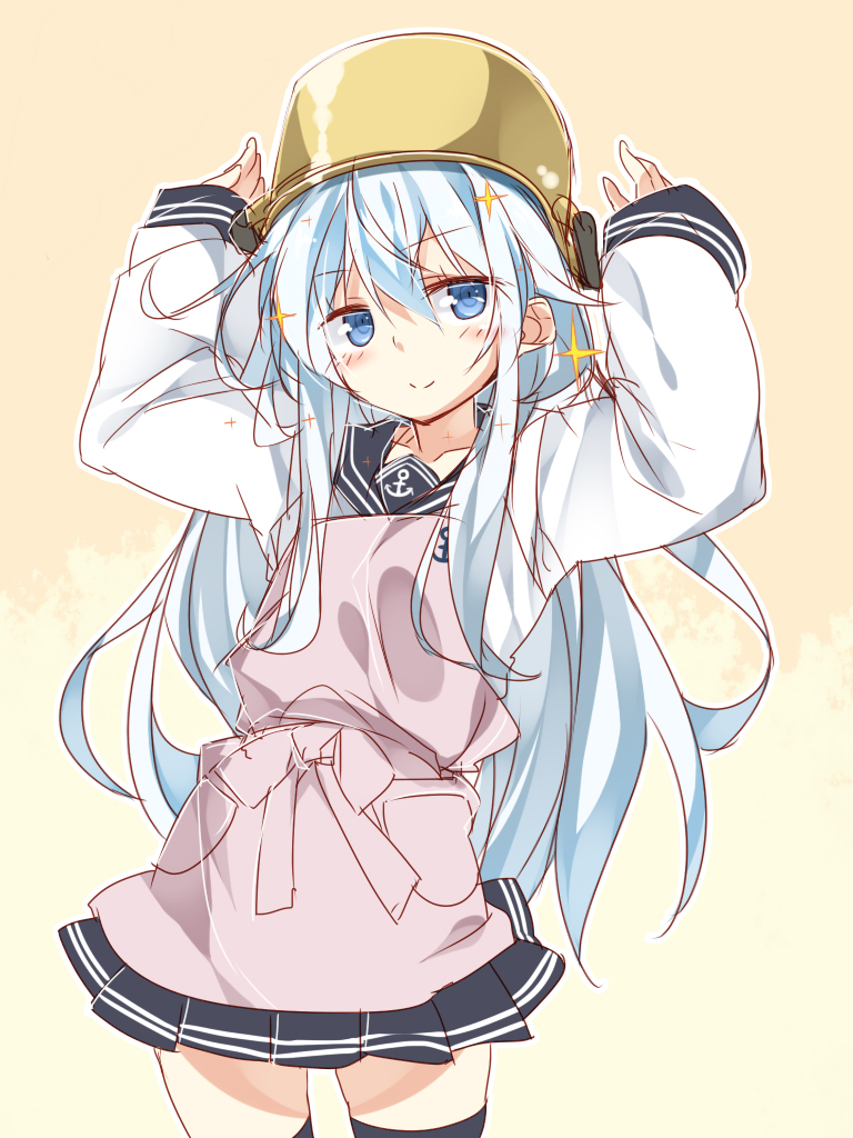 apron, artist_request, black_legwear, blue_eyes, blue_hair, hibiki_(kantai_collection), kantai_collection, oversized_clothes