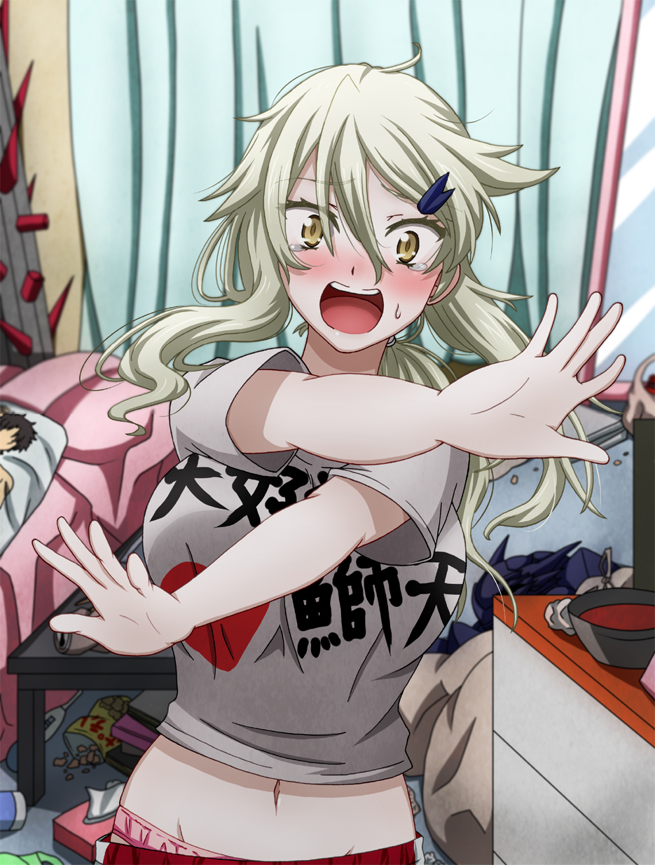 1girl, armor, artoria_pendragon_alter_(fate/grand_order), blonde_hair, blush, breasts, fate/grand_order, fate_(series), hair_ornament, hairclip, hasebe_akira, highres, lap_pillow, large_breasts, long_hair, looking_at_viewer, navel, open_mouth, saber, saber_alter, solo, yellow_eyes