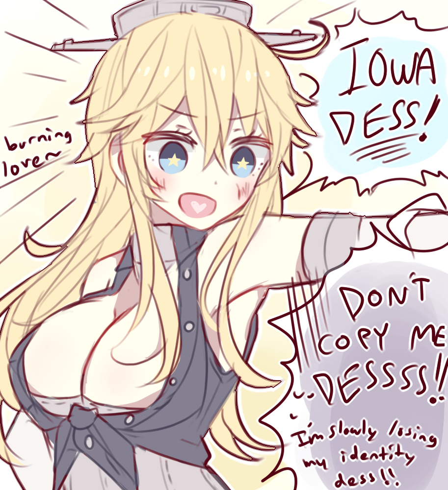 1girl, blonde_hair, breasts, burning_love_(phrase), cleavage, english, heart, heart_in_mouth