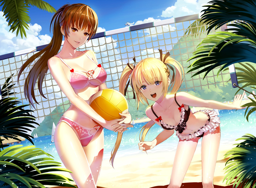 2girls, ball, bare_shoulders, beach, bikini, blonde_hair, blue_eyes, blue_sky