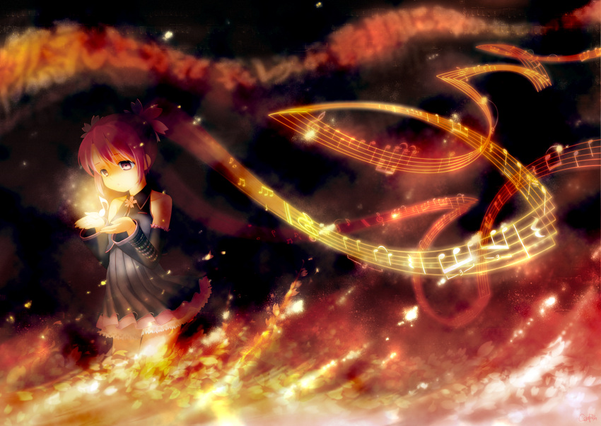 alternate_color, bare_shoulders, cremation_melody_(vocaloid), detached_sleeves, flower, hatsune_miku, highres, long_hair