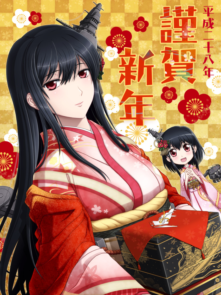2016, black_hair, cannon, fusou_(kantai_collection), hair_ornament, highres, japanese_clothes, kantai_collection